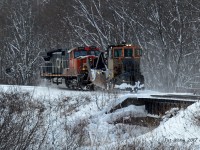 CN 908 heads South after a day of plowing the line North to North Bay Ontario. CN 2548 (LHF) pulls CN Jordan Spreader 50948 past mile 216 of the Newmarket Sub January 9th 2017