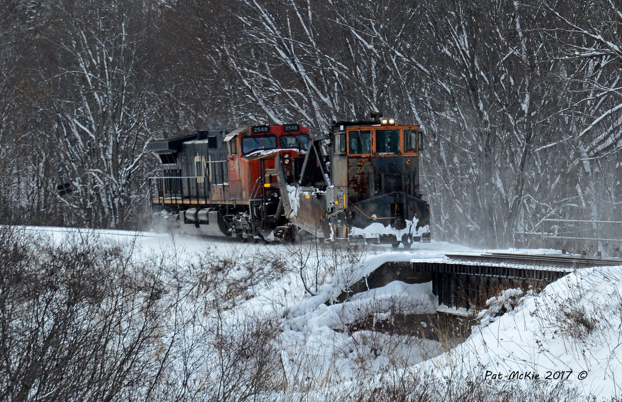 CN 908 heads South after a day of plowing the line North to North Bay Ontario. CN 2548 (LHF) pulls CN Jordan Spreader 50948 past mile 216 of the Newmarket Sub January 9th 2017
