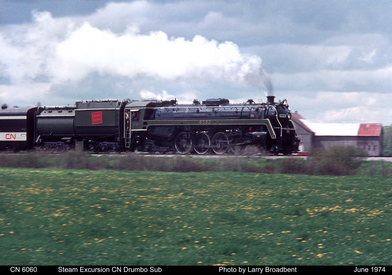 CN 6060 on a wet June 1974 day sprints down the Drumbo Sub on its way to Paris Jct.