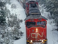 Grinding upgrade in the midst of a decent snowfall, CN 5768 and 2037 lead 106's train through the hairpin curve just north of the north home signal Pine Orchard. 1508hrs.