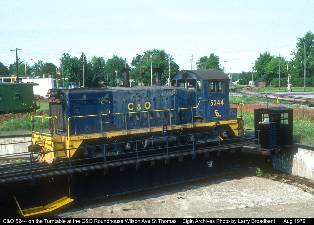 C&O SW9 5244 Built 02-51 takes a spin on the Turntable at the C&O Engine Facility Wilson Ave in St Thomas  August 1979