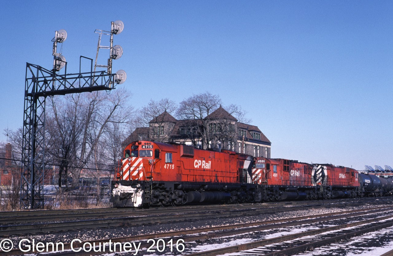 In 1989 you could still get solid sets of MLWs on CP Rail trains even the 500 series trains. Even though they are a bit scruffy looking this trio sitting at the west end of Quebec Street yard waiting to head west to Windsor make a mighty fine sight.