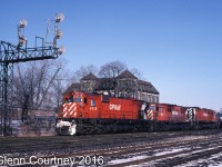 In 1989 you could still get solid sets of MLWs on CP Rail trains even the 500 series trains. Even though they are a bit scruffy looking this trio sitting at the west end of Quebec Street yard waiting to head west to Windsor make a mighty fine sight.      
