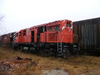 A pair of former CP C424s (4243 & 4219) sits at Miramichi yards. These units were used mainly for spare parts during the short lived New Brunswick East Coast railways' time in Atlantic Canada
