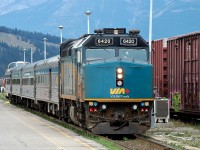 Via 6420 is set to leave Jasper with the "Skeena" service to Prince Rupert. The pretty short consist is made up of a baggage car, two coaches and a dome car, all of which were built in the late 1940's and mid 1950's I believe.