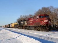 CP ES44AC 8774 and NS C40-9W 9440 -with an American crew aboard- start train 298 on its trip south, rumbling through St. Boniface with a crew change destined at Thief River Falls, Minnesota. This practice has since been stopped arbitrarily due to collective bargaining differences. Canadian crews out of Winnipeg once again run down to Emerson to crew change with Thief River crews.


