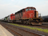 These certainly were the days to be trackside as you just never knew what might show up on the next freight. Another evening westbound past the station at Sarnia with CN SD40-2W 5296, CN/IC SD40-2 6108 and BNSF SD9 1727. That little SD9 was certainly odd but it wasn't the only one we saw, at least two others made it through durring the "foreign power craze" 