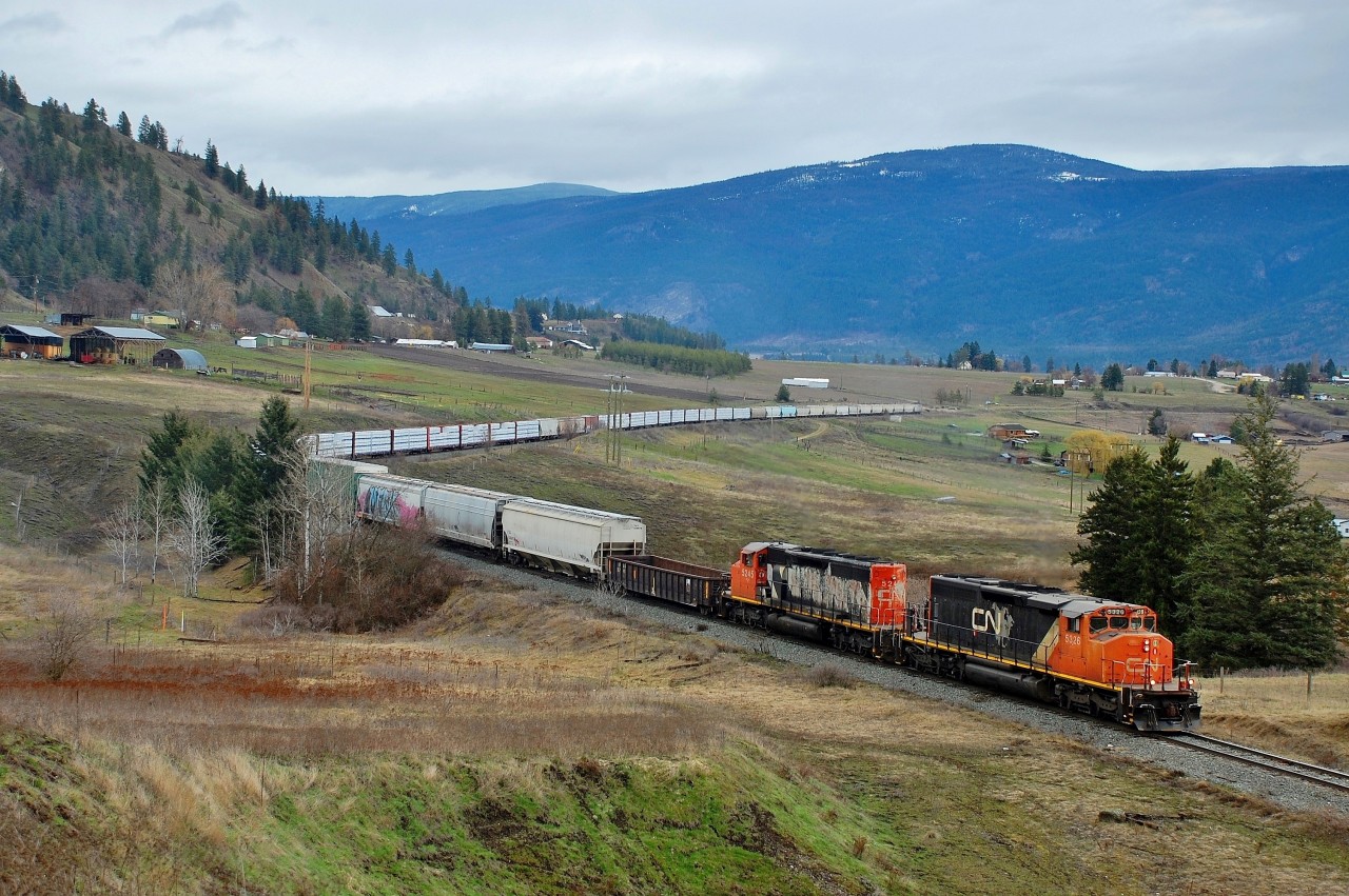 CN nos.5326&5245 are climbing across Grandview Flats and are headed north towards Kamloops.