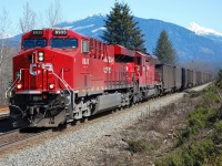 The photographer gets a friendly wave from CP 8935 as this westbound coal train hurries through Malakwa on the south track. Eagle Pass Mtn can be seen in the background and the trailing unit is SD30ECO CP 5003.