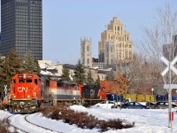 CN 149 is leaving the Port of Montreal with ex-Oakway SD60 CN 5404 leading on a truly frigid morning. Trailing is BCOL 4611 & CN 2677.