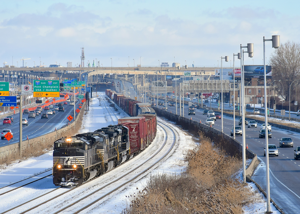 A longer than usual CN 529 is almost finished its run from Rouses Point as it heads west on CN's Montreal Sub with NS 2691, NS 9553 & NS 1101 leading 80 cars. This shot will not be doable for much longer, as CN's tracks here will move to a new ROW a bit further north, probably before the end of 2017.