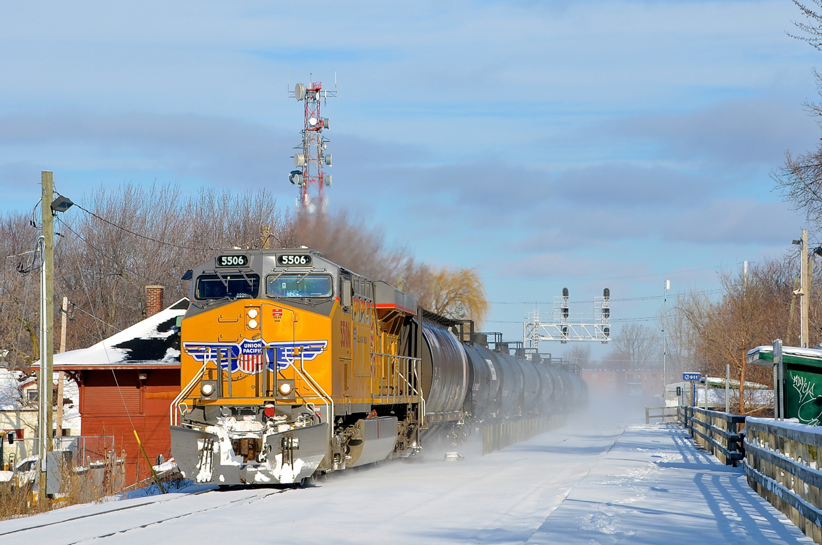 Clean UP 5506 leads ethanol train CP 650 through Lasalle Station on a sunny winter morning the day after Montreal got a bit more snow.