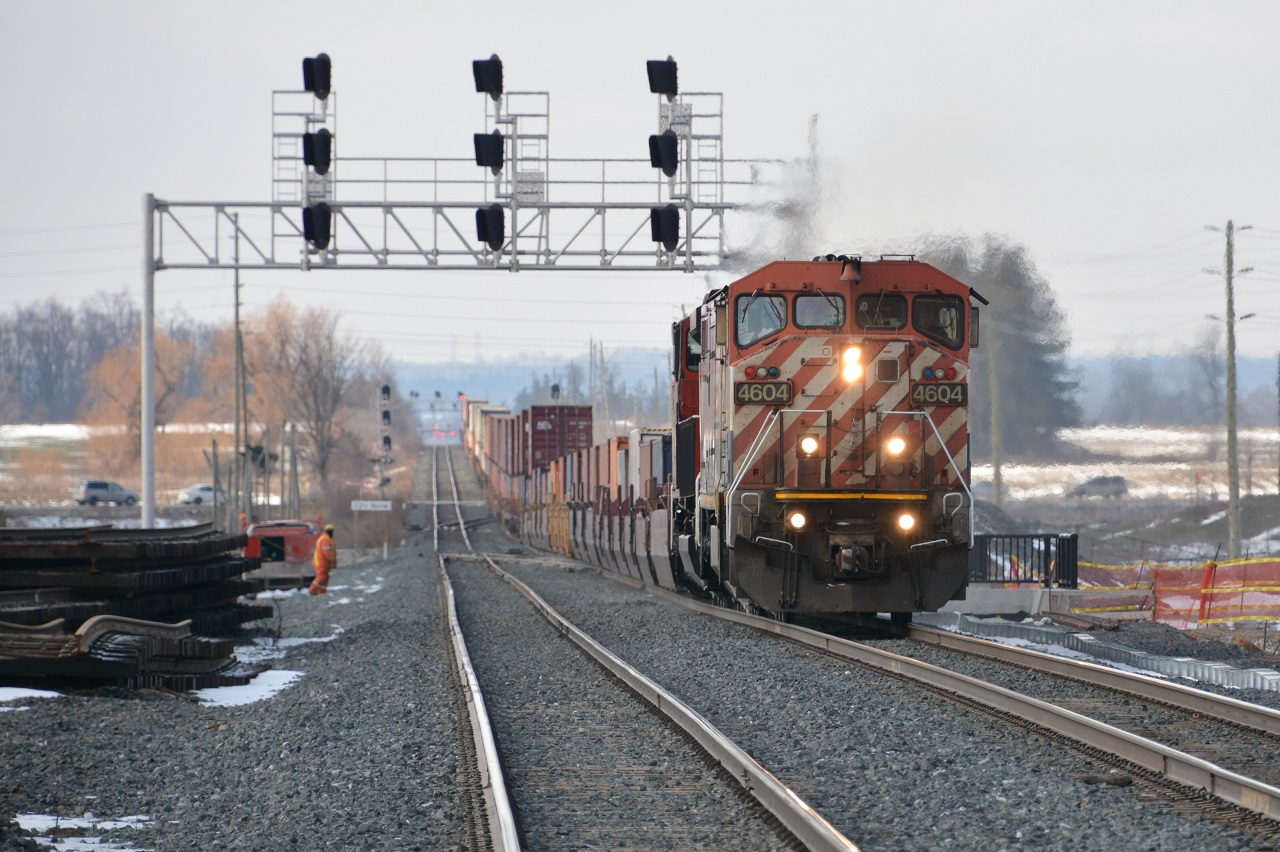 Not quite the mount(ain) it was built to climb, BCOL 4604 pulls a short CN Q148 up through Mount Pleasant at CN Norval