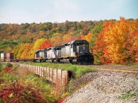 A gray sunny day. Mid-October days along the curve at mile 2 Dundas (just off York Rd) were to me a great experience. There was a brief period around that time, due to CN shoring up the banks there, that the area was devoid of vegetation and a great shooting angle had opened up. And the maples were ablaze. This was one of those perfect mornings. And along comes #148 !! All Gray!!! Most unusual. Leaser CEFX 3105 was sandwiched between two SD40-3s, remanufactured (1998) former GCFX locomotives that began lives as CN SD40s. This location is now pretty much overgrown and photography is very limited, as one would have to stand far too close to the rail than is safe. Image shot with Mamiya 645 400ISO neg. Sun angle past 1030 here becomes dicey for eastbounds such as this.