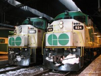 Back before GO Transit was a sea of MP40's, it was a sea of F59PH's: idling under the train shed, GO 520 is in charge of this evening's Lakeshore West train #495 on Track 2, and sister 524 is handling today's Richmond Hill line #835 on Track 1. Part of the first order of F59's built at GMD London in 1988, they were some of the first units to go when the initial order of MP40's started to come online. Both were part of batches sold to RB Leasing about a year later in early 2009.
<br><br>
Track 1 layovers like 524 here made it easy to do builder's plate checks (on most of the units that still had them) while passing through. One interesting note with the first order is while the build numbers are in sequence, the build dates stamped on the plates varied, so the older units didn't necessarily have older dates. 520 was stamped built September 1988, while 524 was stamped built August 1988 (the earliest I found was July 1988 on 521).