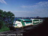There was a time when GO Transit had quite a variety of locomotives leading its trains. Like many commuter agencies it expanded its network in fits and starts and its motive power followed suit. GO 904 was one of GO's APCU fleet (Auxiliary Power Control Unit), F units that no longer powered the train but provided power to the cars and a cab when the train was in push mode. 

I likely would not attempt a shot from this location today. This is train #982 deadheading back to Willowbrock for the night after an afternoon rush hour trip to the old CN station in Hamilton, just getting out of town ahead of the shadows. 