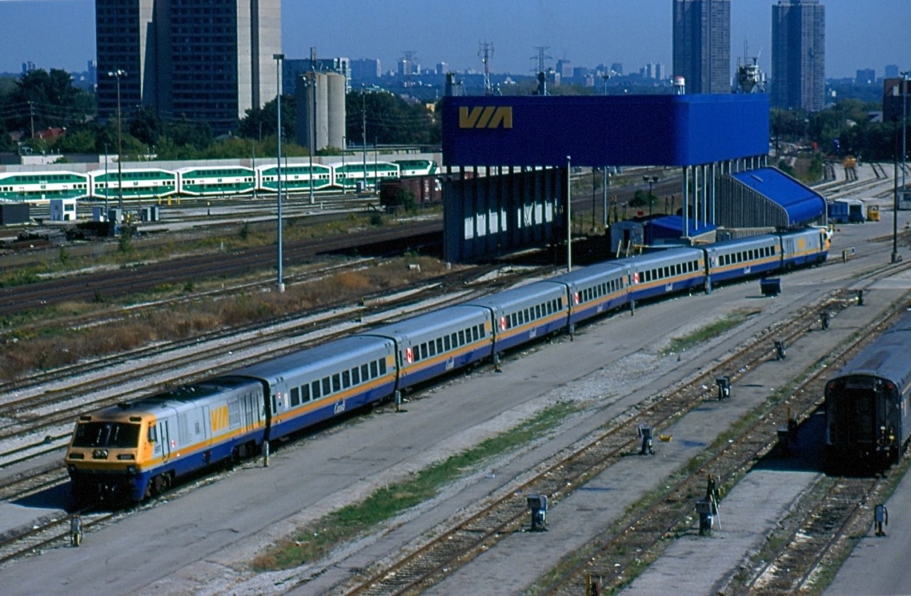 By the end of the 1990s the Bombardier built LRC engines were well into their twilight years, with little time remaining to photograph them. At that time only a handful of the units remained active. For me the express train #66 to Montreal was typically a sure bet for having the LRC's. Here we have train 66 undergoing routine maintenance at Willowbrook yard awaiting its call to Toronto 's union station. The train this day had a pair of LRC's bracketing a set of LRC coaches.