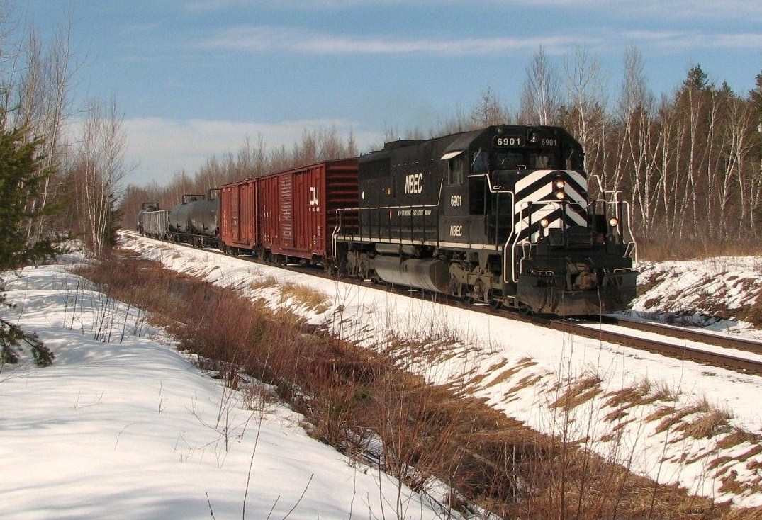 NBEC 402 rumbles through the West Collette Road crossing, enroute to Moncton, with a mixed freight and powered by the lone, black stallion NBEC 6901.