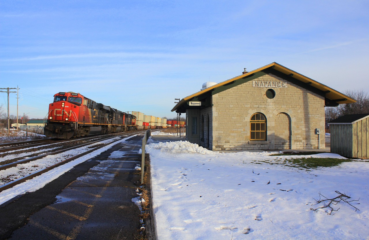 CN 149 rolls passed the historic Napanee VIA station on a warm january day.