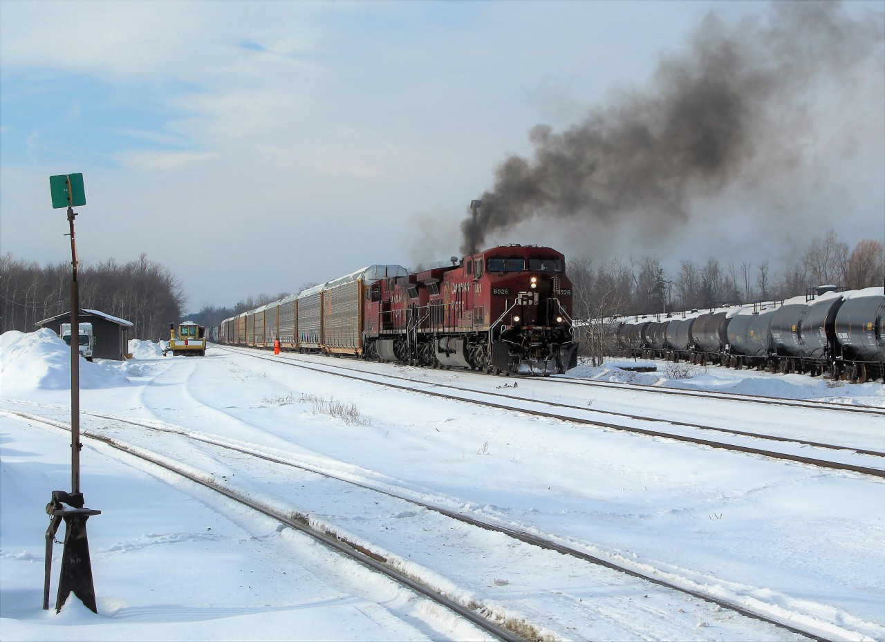With T69 no longer travelling to Guelph Junction, CP 234 has taken up todays duties. In a cloud of smoke, CP 8526 with CP 8639 roll ahead to split their train, and leave several cars for the OSR to take.