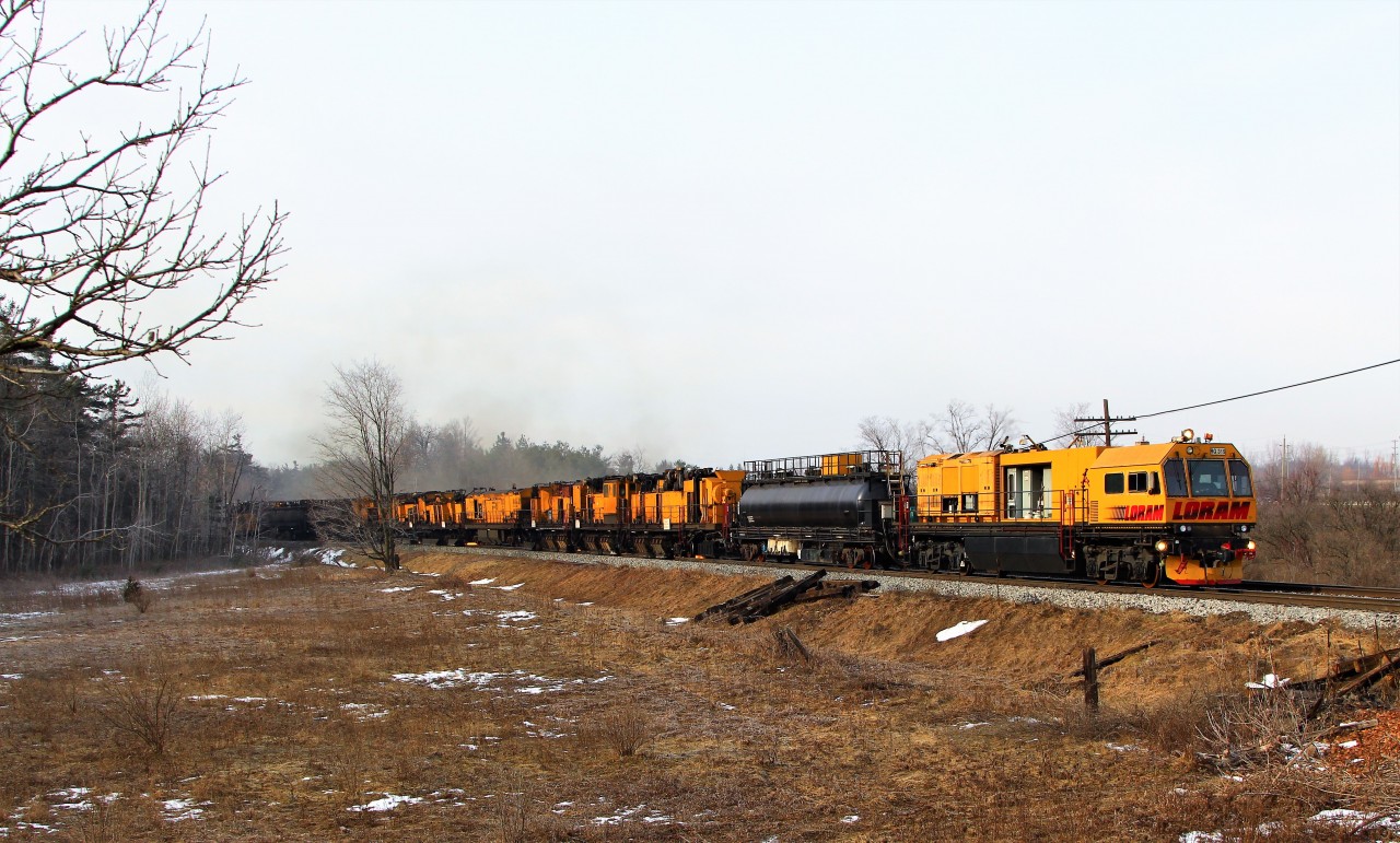 The Loram Rail Grinder #319 makes it way up to MM37 on the Galt sub in full working mode.