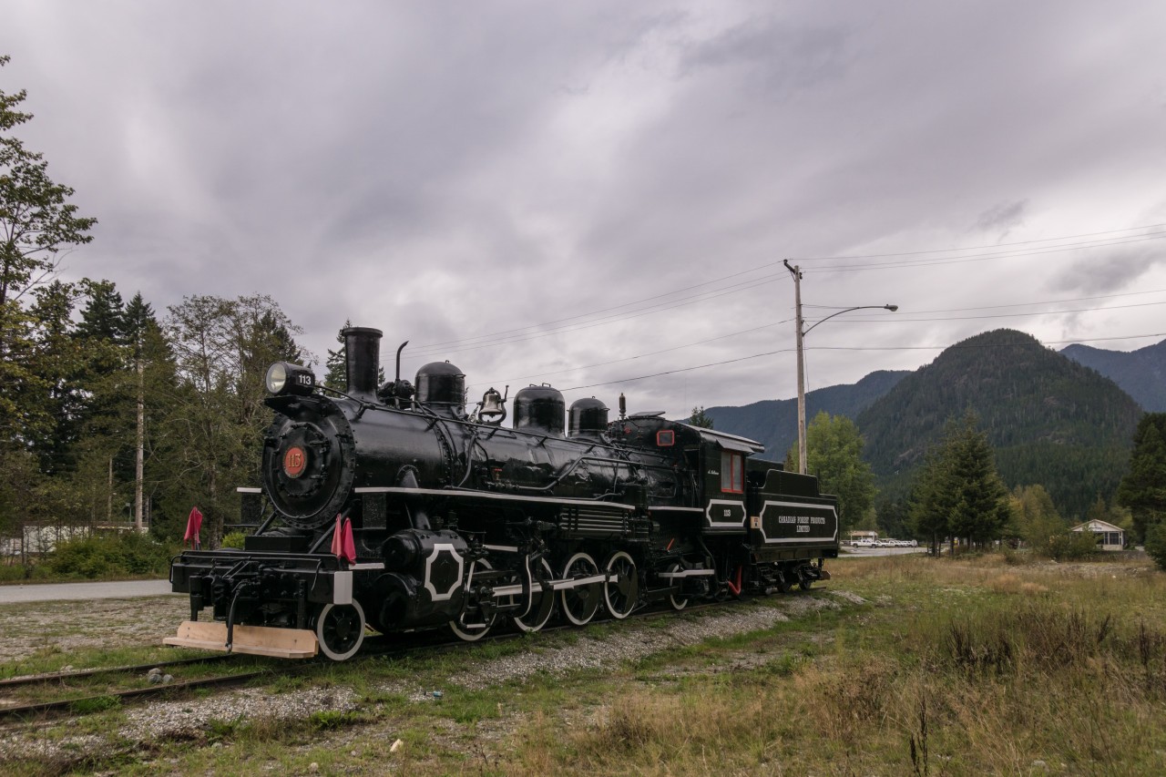 Apparently used in previous decades for excursion train service, this steam engine appears to be part of a freshly-constructed historical display just a stone's throw away from the Woss shops.