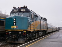 It's dreary but the fog and drizzle have temporarily subsided while Kingston station staff loaded a passenger using a mobility device. The second J train of the day is getting ready to blast off for its next stop at Brockville. After splitting there, 6445 and company on #62 will continue on to Cornwall, Dorval and Montreal, with 6408 taking #52 to station stops at Brockville, Fallowfield and finally, Ottawa.