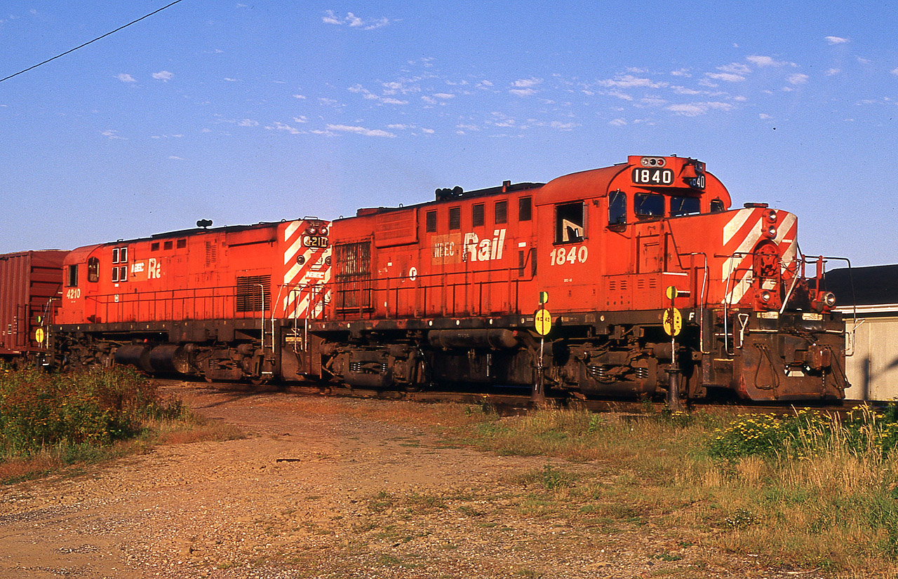 Former CP units, NBEC 1840 and 4210 tie up at the end of the day in Miramichi (formerly Newcastle) on a nice September eve. "CP" blotted out, replaced with "NBEC". That was about as good as it got. The railroad was only in business 10 years, spun off by CN and re-acquired by CN (1998-2008) Included in the 2008 acquisition were the two locomotives pictured, but they were retired shortly thereafter.
The length of the NBEC was once the Intercolonial Railway of Canada, a very historical line.