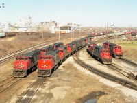 View from the Victoria St overpass in the Falls shows a line up of CN locomotives pooled at the CN yard  to wait out a national rail strike brought on by the 3200 members of the track maintenance personnel (Brotherhood of Maintenance of Way Workers)over job security.