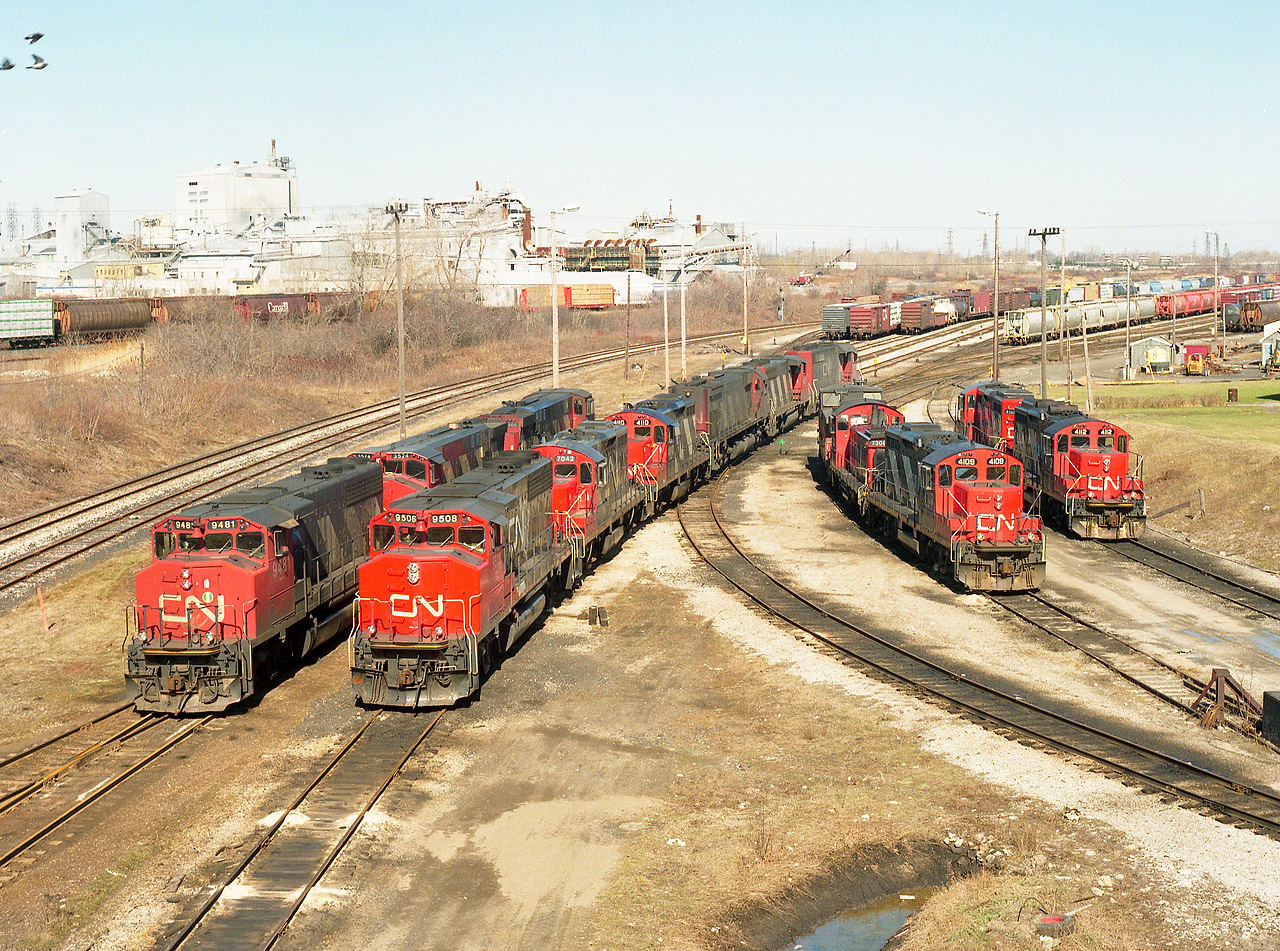 View from the Victoria St overpass in the Falls shows a line up of CN locomotives pooled at the CN yard  to wait out a national rail strike brought on by the 3200 members of the track maintenance personnel (Brotherhood of Maintenance of Way Workers)over job security.