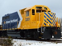 Ontario Northland's Locomotive 2201 (GP40-2) is just pulled from the paint shops in North Bay. ONT 2201 is being moved back to the diesel shops for the remaining detail and work to be complete before being returned to regular duties. 