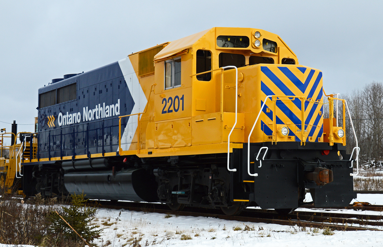Ontario Northland's Locomotive 2201 (GP40-2) is just pulled from the paint shops in North Bay. ONT 2201 is being moved back to the diesel shops for the remaining detail and work to be complete before being returned to regular duties.