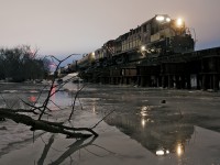 Some nights just come together or so they say, we are done for the night up in Guelph and ready for the trip back to the junction with 16 cars, 13 for the ol' CPR and 3 lube oil stores to be flipped over to the Goderich side. I told my hogger before we left town to stop on the bridge so I could get a few night shots of our power. I wasn't satisfied with where the train sat, but telling the hogger over the radio to take it ahead half a car did the trick.  