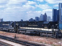 Awaiting their next assignment, a pair of EMD SD45's idle in the CN's waterfront yard at Windsor.