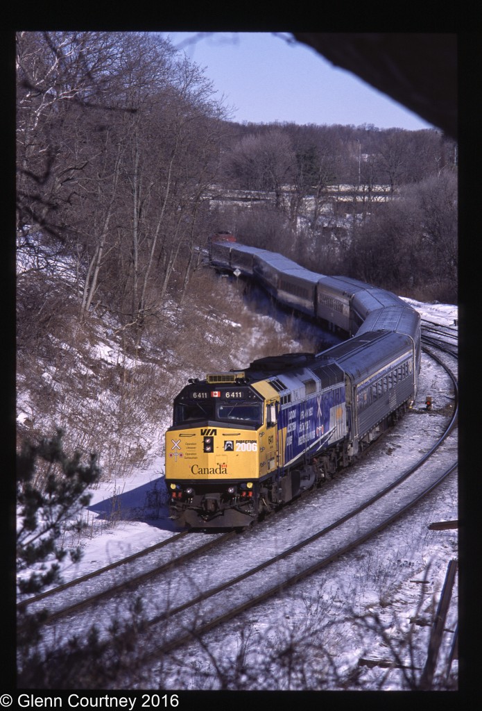 Wow time flies! It's hard to believe I took this photo almost 13 years age. Via 6411 wearing a special grade crossing safety paint scheme has just switched on to the Dundas Sub on its journey to Windsor.