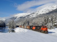 With train Q102 shoving a stalled M302 up the hill behind me on the Albreda Sub, a light G834 makes its way up the steeper Robson Sub, a fairly rare occurrence.