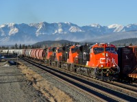 Brand new CN ES44AC 2981 leads train G834 through the siding at Hinton where they would stop at the east end to meet C767 and M301. 2981 is a Tier 4 credit unit.