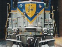 On a wintry night, Delaware & Hudson GP38-2 pauses outside the Materials Dept. after having it's wheels trued in the shop.