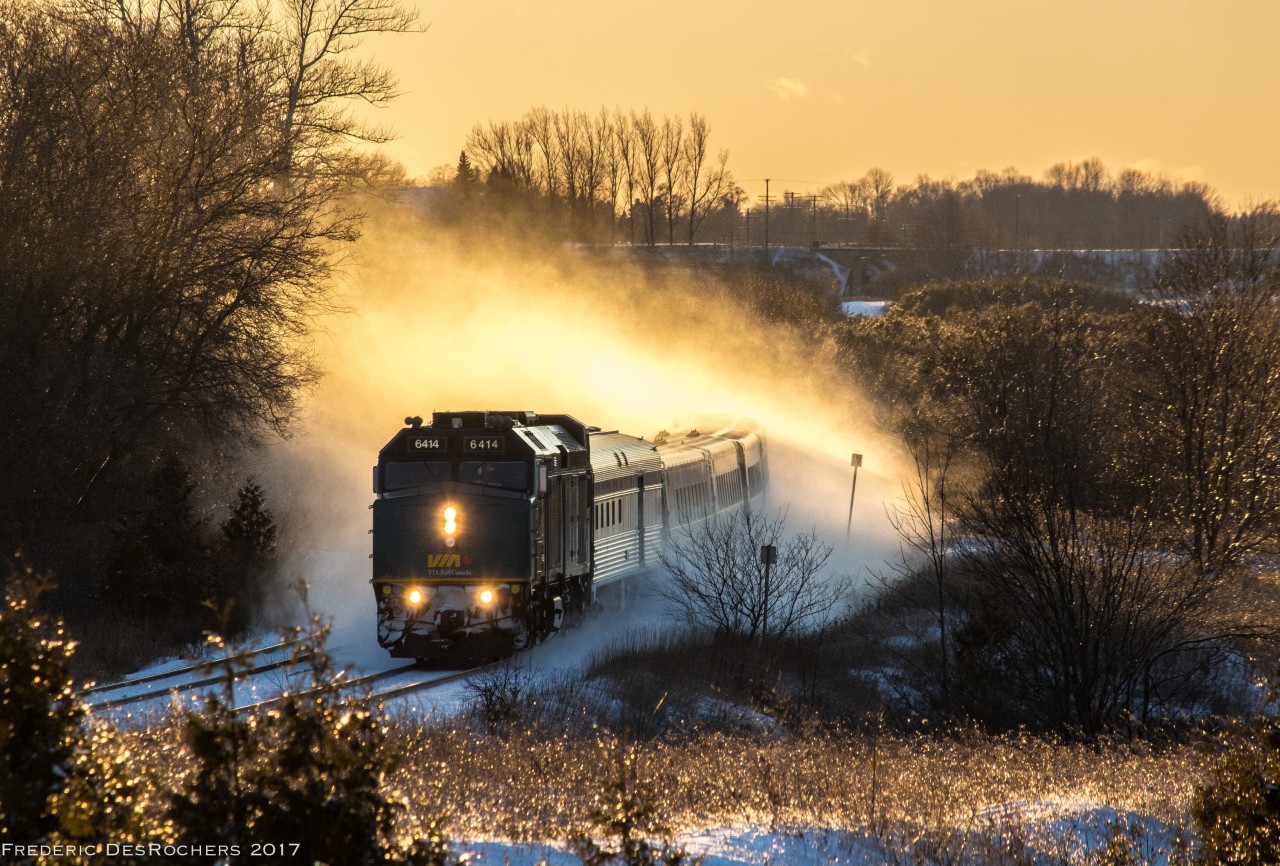 Golden Hour on the Kingston Sub!
VIA 46 kicks up a fresh cloud of snow as it blasts through the East end of Newtonville.