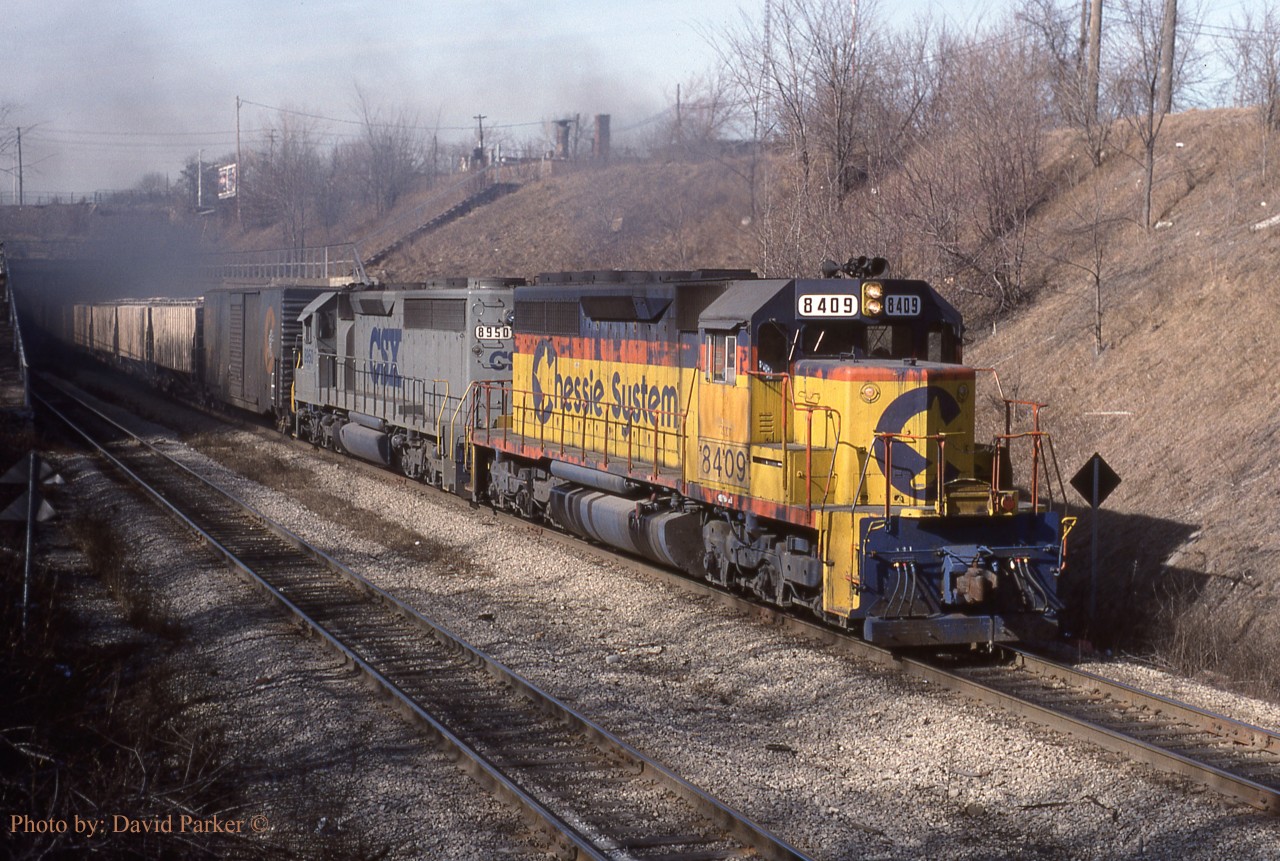 The CSX "Pelton Turn" exits the Detroit River Tunnel into sunny Windsor, Ontario on March 12th 1989