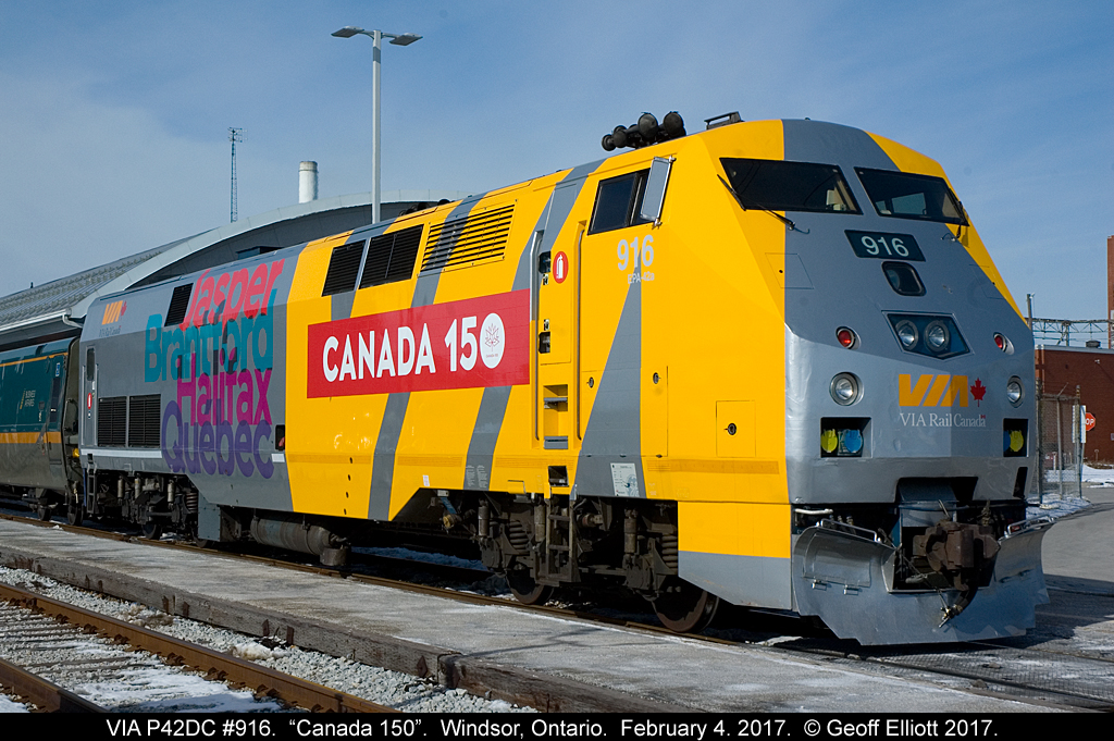 VIA #916 is showing off it's new "wrap" as it helps us Canadians celebrate our 150th Anniversary. Shot in Windsor, Ontario on February 4, 2017. Can't say as it's as pretty as I had hoped, but at least it is something different than the usual "BLAH" stuff.