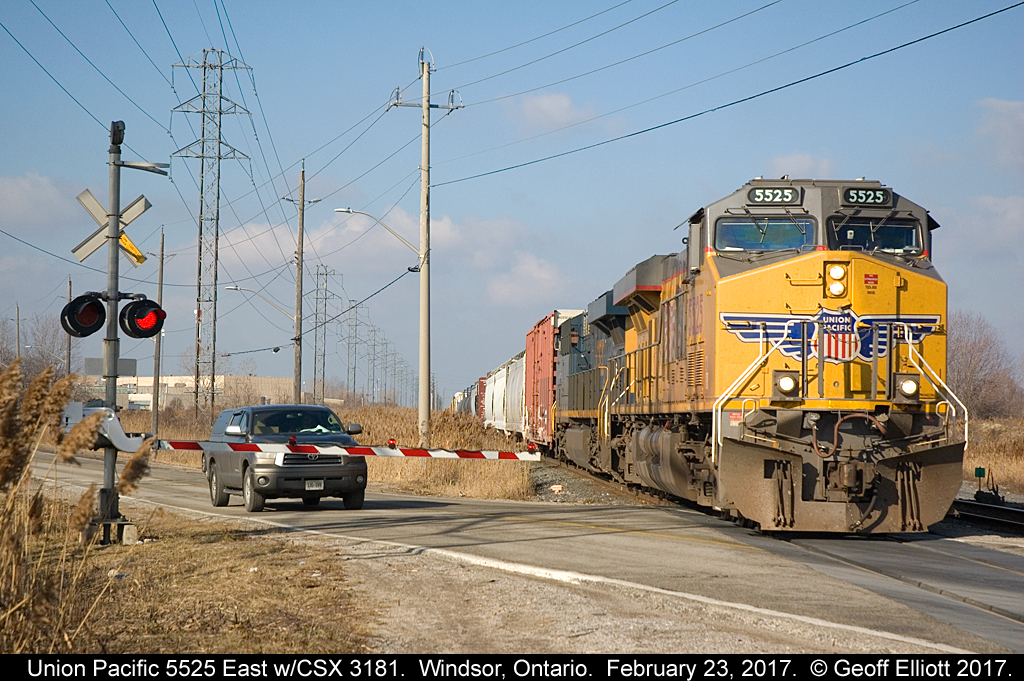 As Union Pacific 5525 East, CP train #240, leads CSX 3181 as they get underway in Windsor, Ontario.  The first vehicle of a long line of traffic is already stopped waiting for 240 to clear.