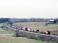 <B>Who said the CASO Sub (Michigan Central) was straight. </B> A Short C&O freight is westbound at Clanbrassil, ON. back in the days when a crummy brought up the tail end. This westbound freight has passed under the wooden farm access bridge and is traversing the sweeping S-curve.