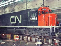 CN SD40 5049 is getting some repairs done inside the shops at Maple Yard (Mac Yard)  