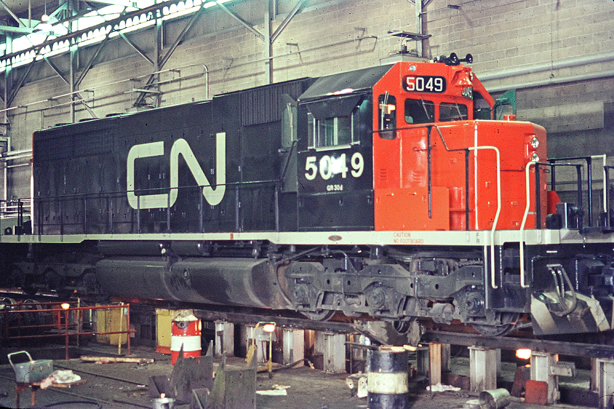 CN SD40 5049 is getting some repairs done inside the shops at Maple Yard (Mac Yard)