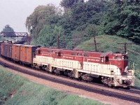 TH&B GP7's 72, 75 and 76 bring the westbound Starlight over to Aberdeen Yard in Hamilton in June 1968.  These units are still very clean compared to how they looked toward the end of their life.  