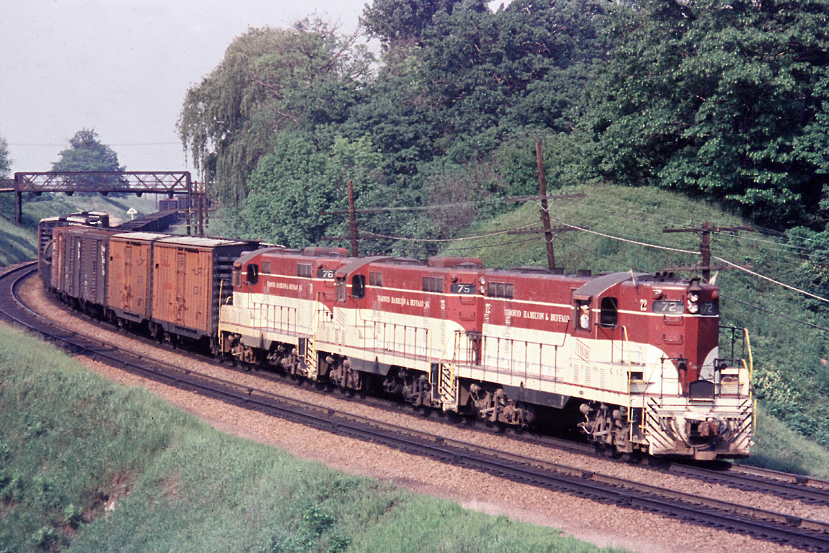 TH&B GP7's 72, 75 and 76 bring the westbound Starlight over to Aberdeen Yard in Hamilton in June 1968.  These units are still very clean compared to how they looked toward the end of their life.