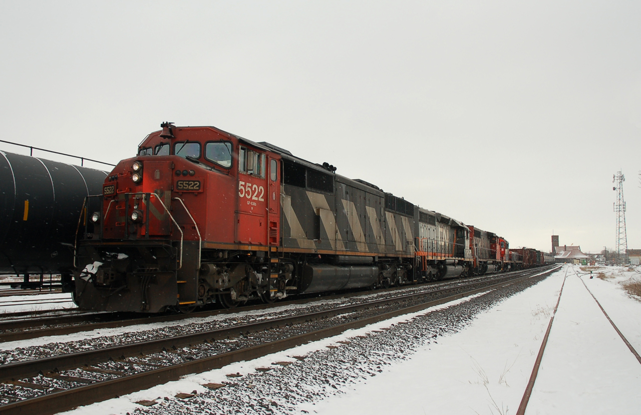M39131 09 arriving at Brantford to make a set-off with CN 5522, WC 6911, CN 5268, CN 7210, and CN 254. The GP9/Slug set is the one that Jason Noe would photograph a couple weeks later still in the yard