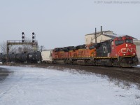 CN 394 is seen ducking under the signals at Paris Junction as they head back to their train on a bitter February morning.  Foreign Power made its first appearance on CN in 2017 in the form of BNSF 7806 and BNSF 9238 trailing the CN 2624.  Their stopping at Paris to work the North Service track allowed me to get a couple shots of the train this morning before my lectures began!