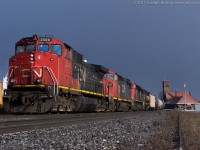 CN 435 is pictured stopped down at the West end of the Brantford yard on the North Track with CN 2500, CN 2441, CN 8962 and CN 5711.  435 was waiting for RLHH 598 to move out of their way so that they could begin their work...598 had a long day yesterday.  They arrived in Brantford shortly after 9 to work Ingenia with RLHH 2081 and 6 hoppers, at 1500 they were still on the Burford Spur waiting for the CN DI to take them back up to Brantford yard.  When they finally received their signal and got back into the yard the crew tied down their cars on BA51 and their locomotive on BA52, these were the tracks that 435 required to drop off their 30 plus cars.  So after some running around to find the SOR crew and a locomotive and cars being relocated 435 was able to complete their work.  The crew was none too pleased but their waiting for SOR allowed me to get sun after a heavy snow squall!  